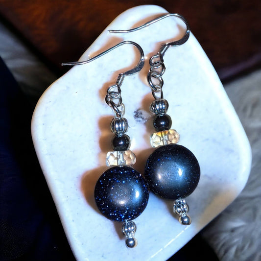 Blue Goldstone Flat Bead Earrings