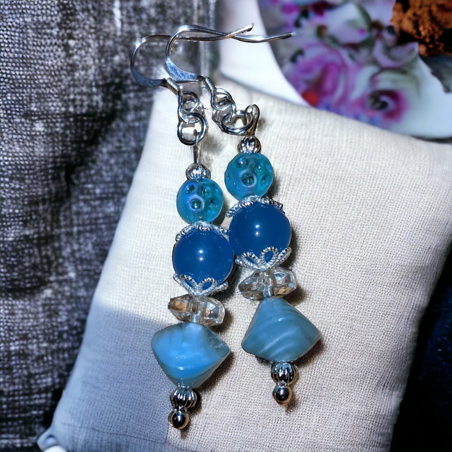 Blue Jade and Vintage Glass Bead Earrings