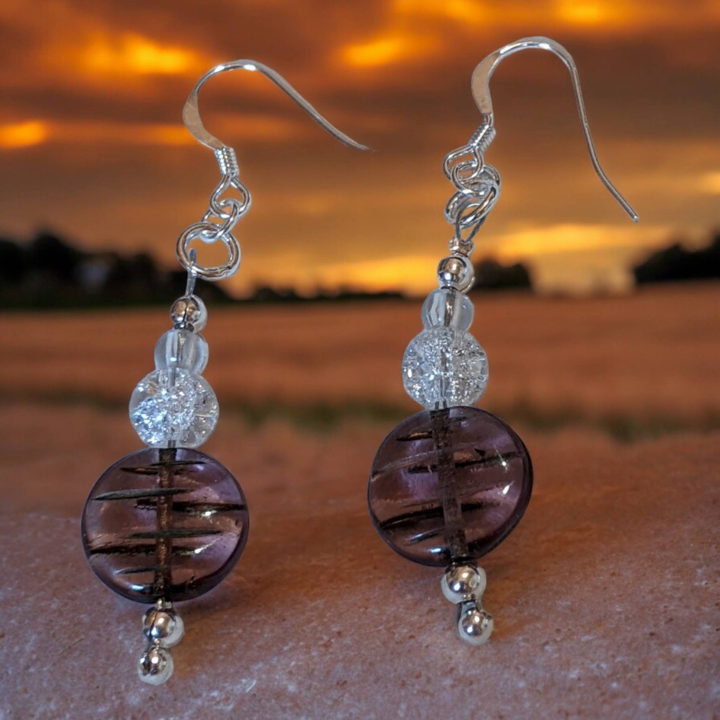 Purple Vintage Glass Flat Bead Earrings