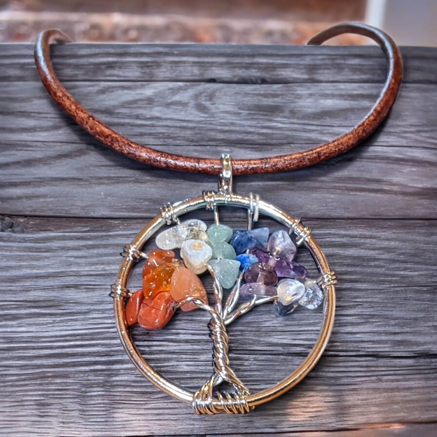 Tree of Life Wire Wrapped Chakra Stones on Leather Cord