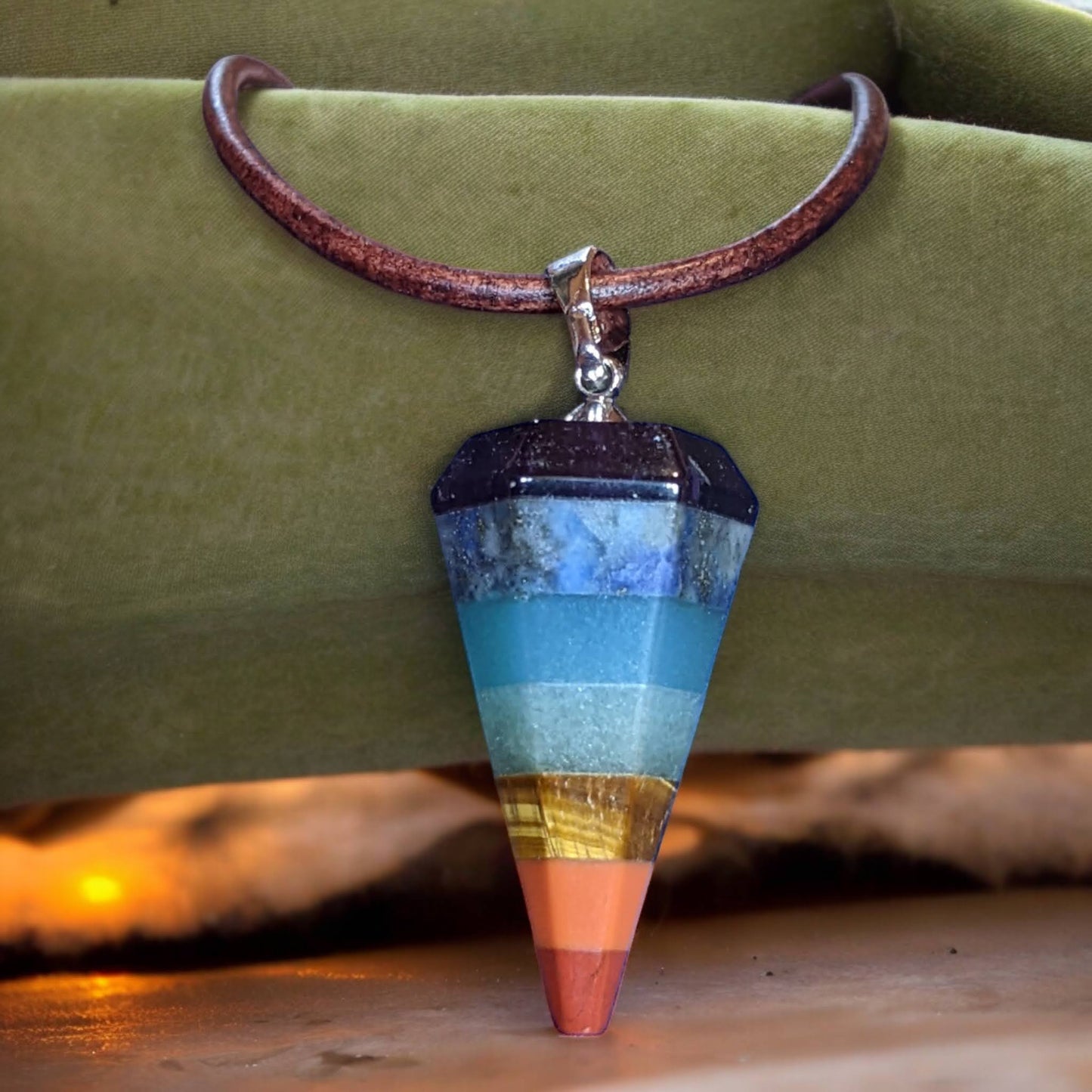 Chakra Stone Hexagonal Point Pendant on Leather Cord