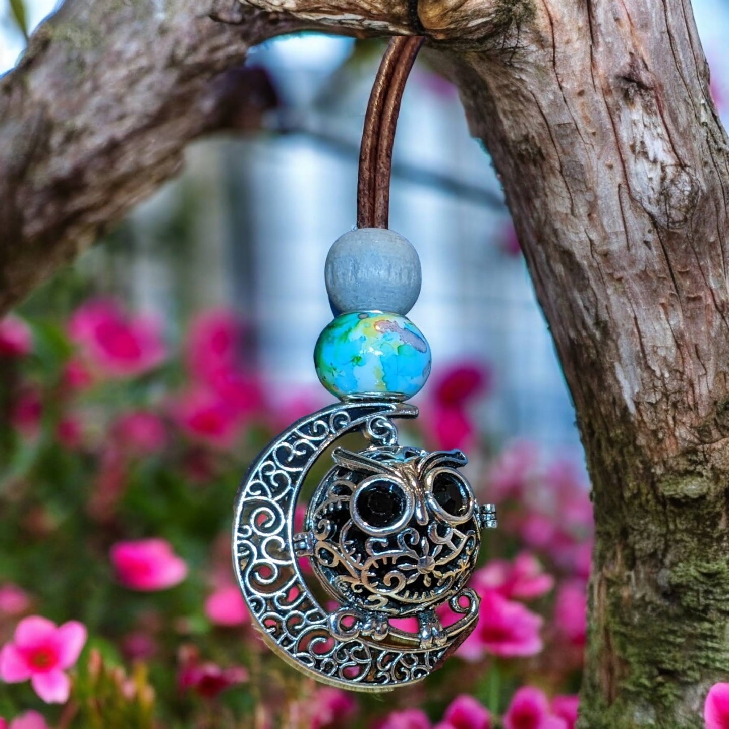 Essential Oil Diffuser on Leather Cord - Small Owl on Crescent Moon