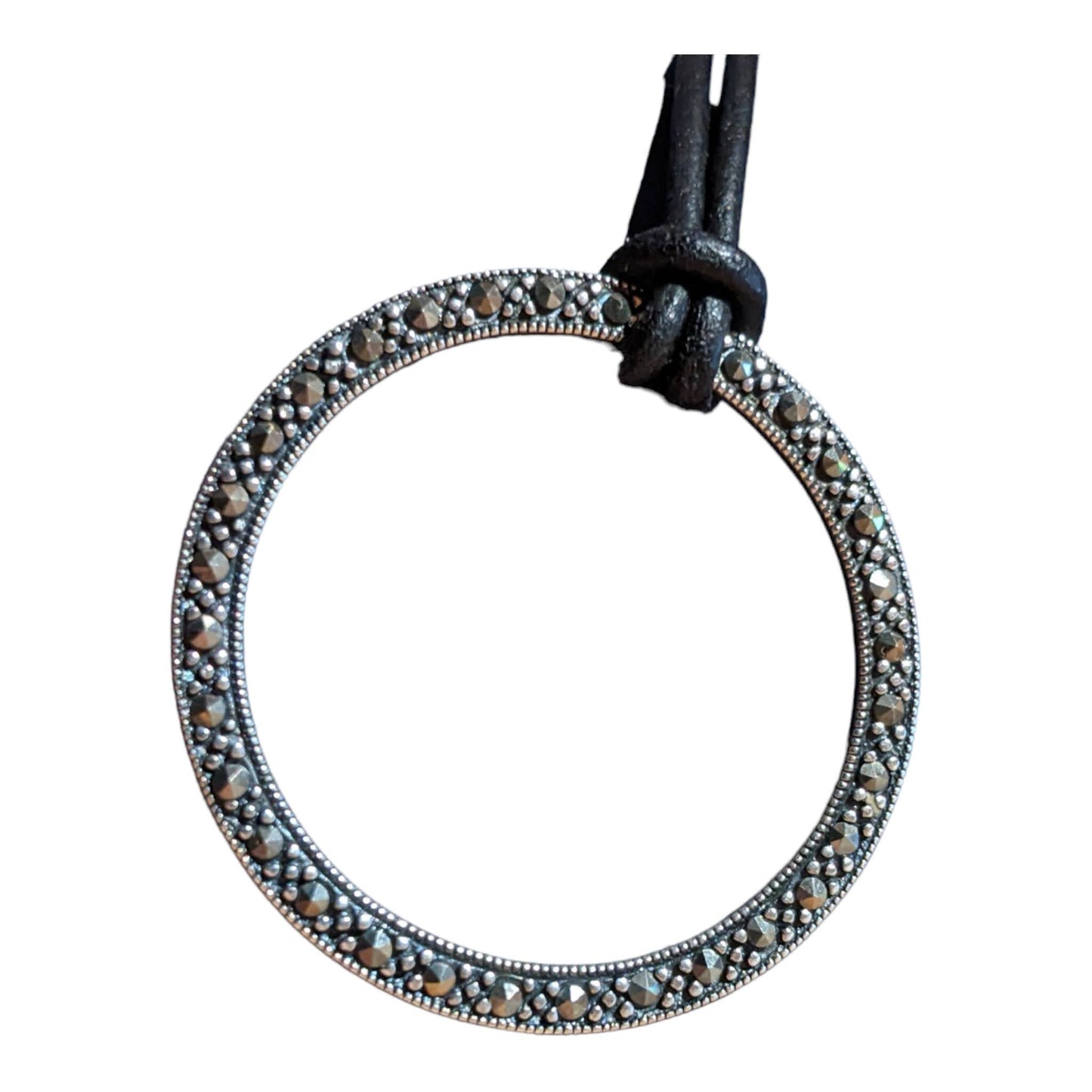 Necklace: Marcasite Studded 925 Silver Circle Pendant on Leather Cord