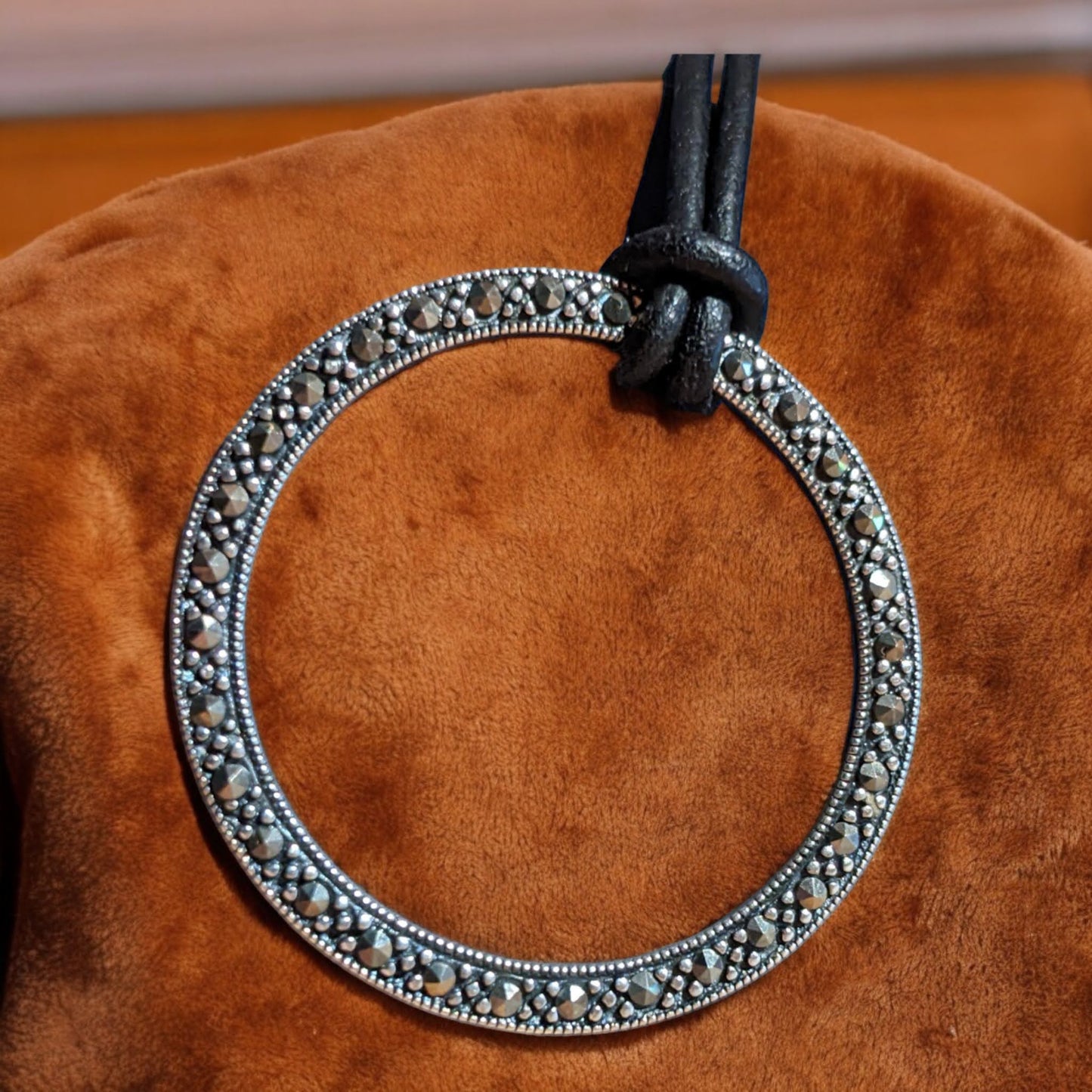 Necklace: Marcasite Studded 925 Silver Circle Pendant on Leather Cord