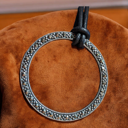 Necklace: Marcasite Studded 925 Silver Circle Pendant on Leather Cord