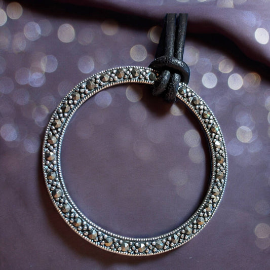 Necklace: Marcasite Studded 925 Silver Circle Pendant on Leather Cord