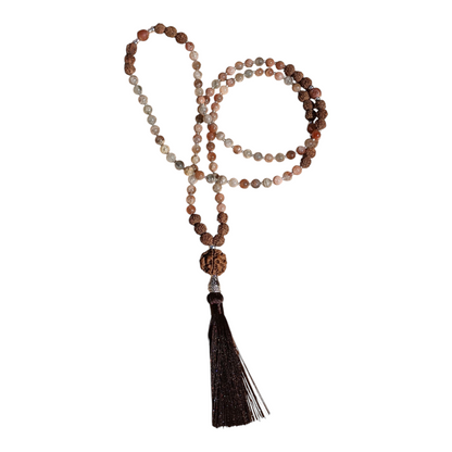 Mala: Arusha Sunstone with Rudraksha Seeds and Chocolate Brown Tassel