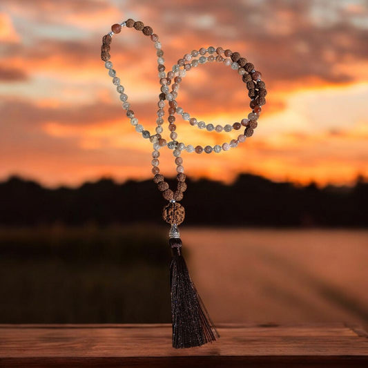 Mala: Arusha Sunstone with Rudraksha Seeds and Chocolate Brown Tassel