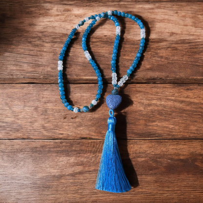 Mala: Blue Apatite with Cracked Crystal and Cornflower Blue Tassel