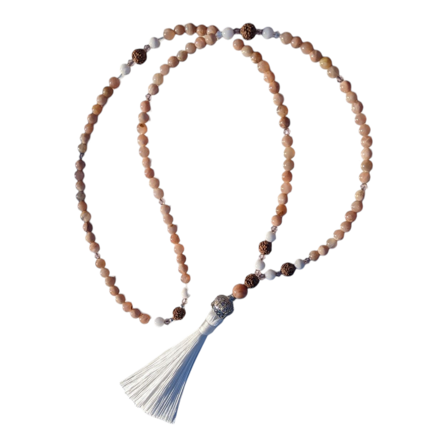 Mala: Moonstone with White Jade & Rudraksha Seeds and White Tassel