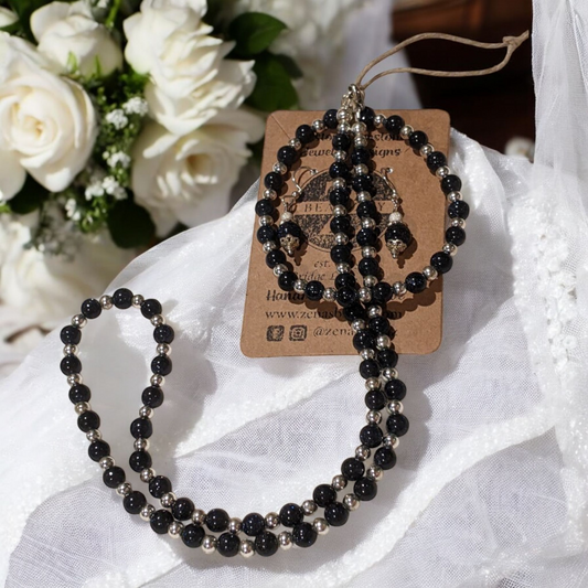 Necklace: Blue Goldstone Necklace, Bracelet and Earrings with Silver Plated Hematite