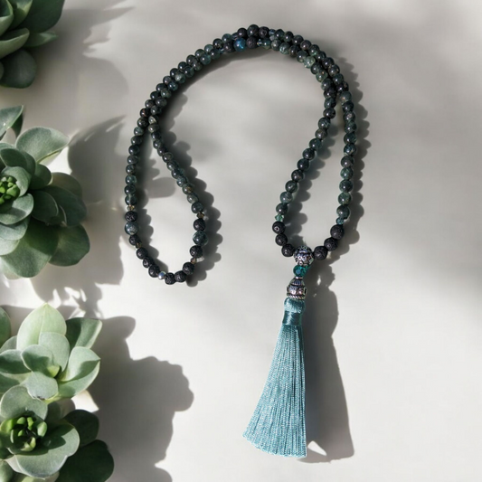 Mala: Green Kyanite with Black Lava and Sage Green Tassel