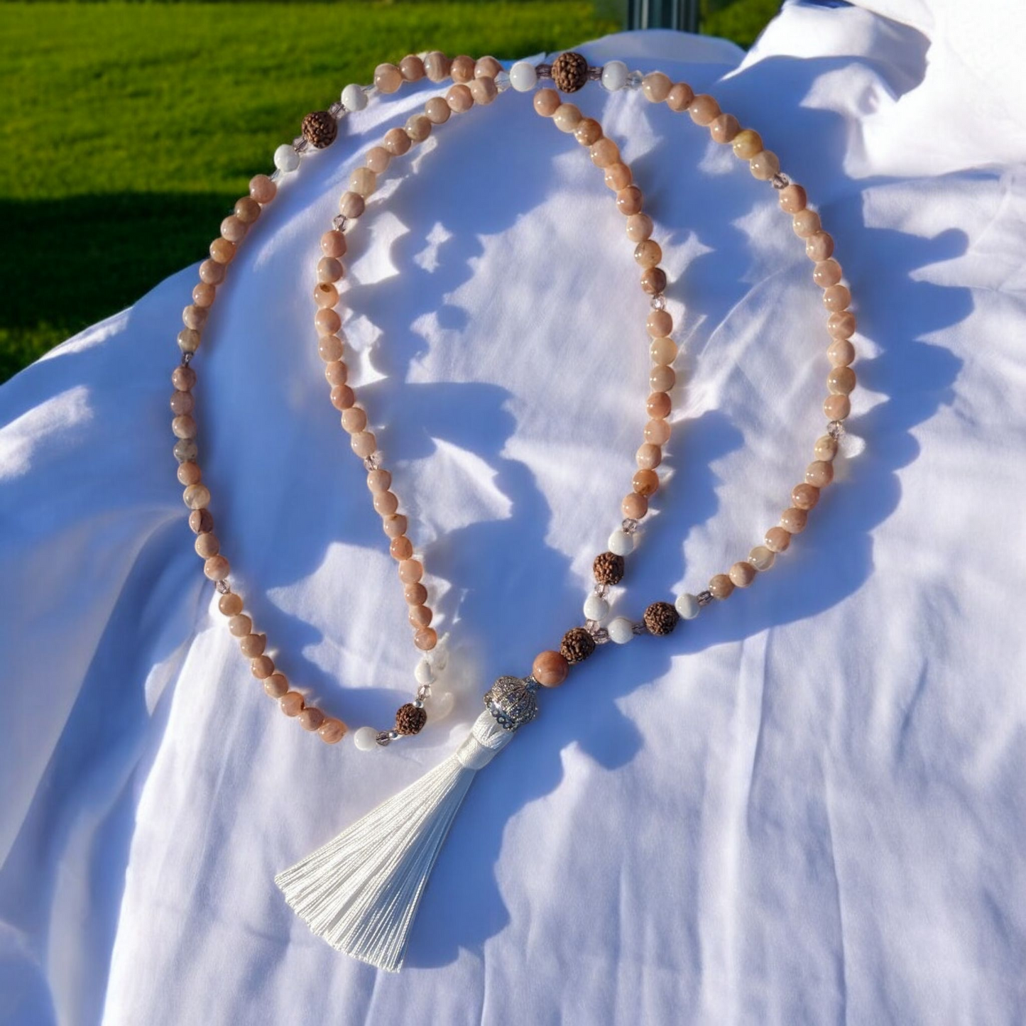 Mala: Moonstone with White Jade & Rudraksha Seeds and White Tassel