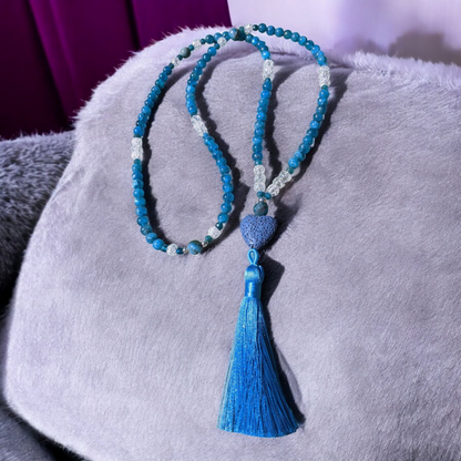 Mala: Blue Apatite with Cracked Crystal and Cornflower Blue Tassel
