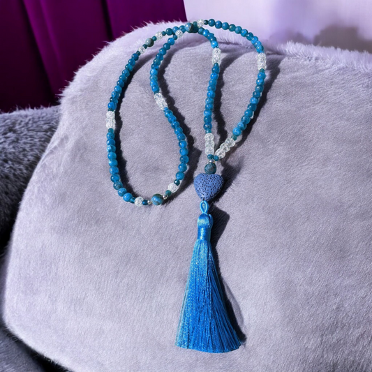 Mala: Blue Apatite with Cracked Crystal and Cornflower Blue Tassel