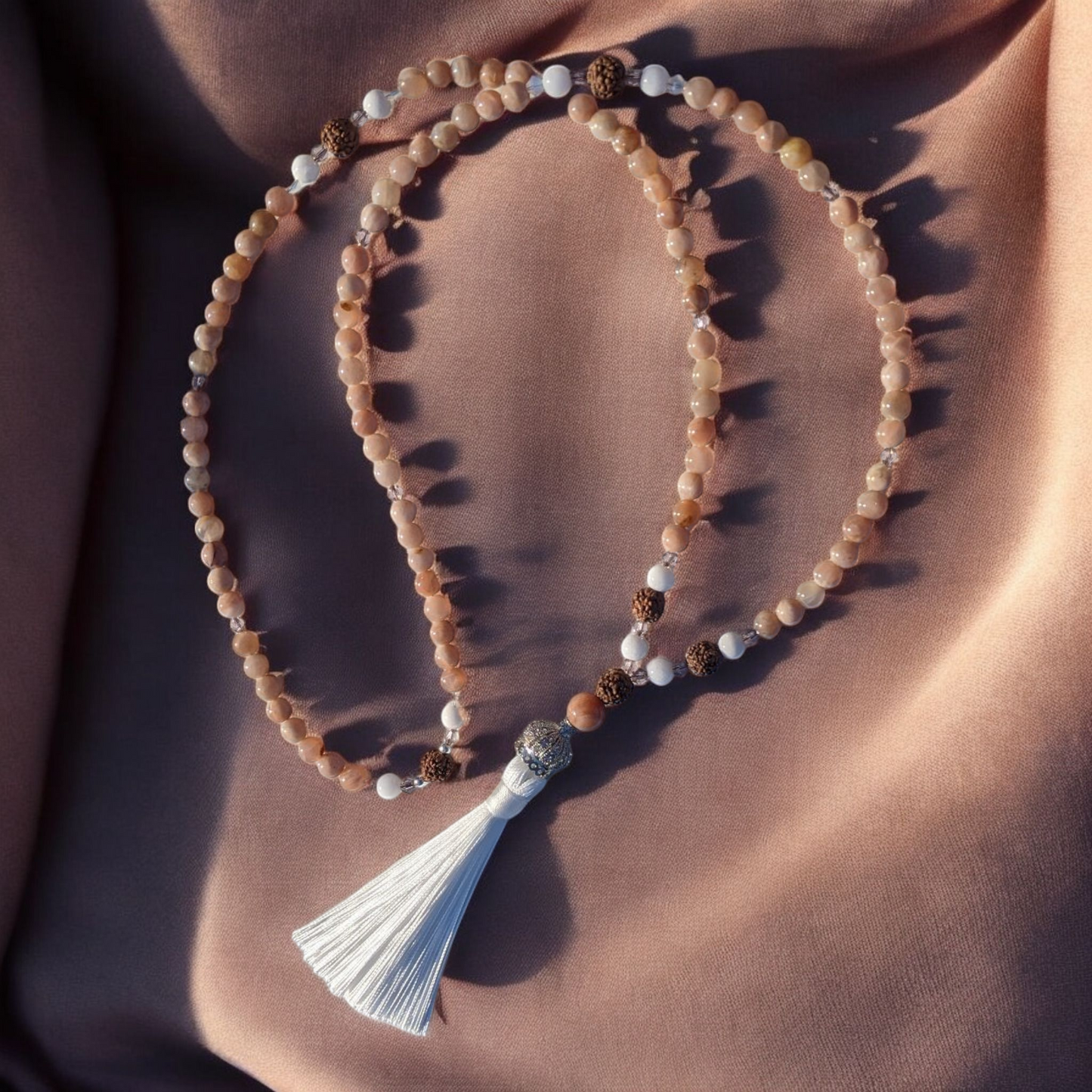 Mala: Moonstone with White Jade & Rudraksha Seeds and White Tassel